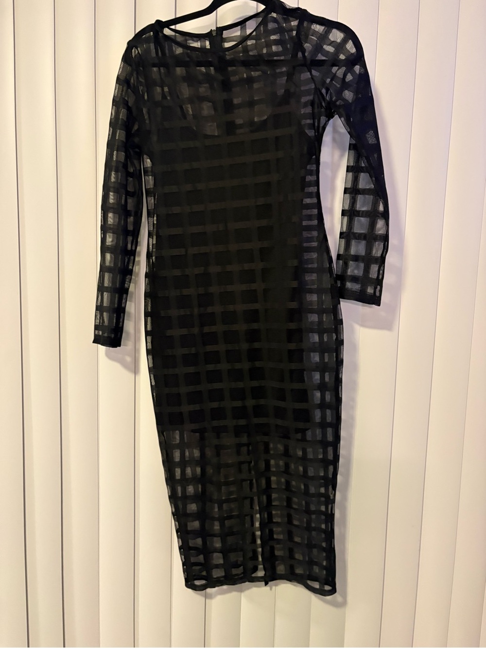 Black Grid Sheer Long-Sleeve Midi Dress